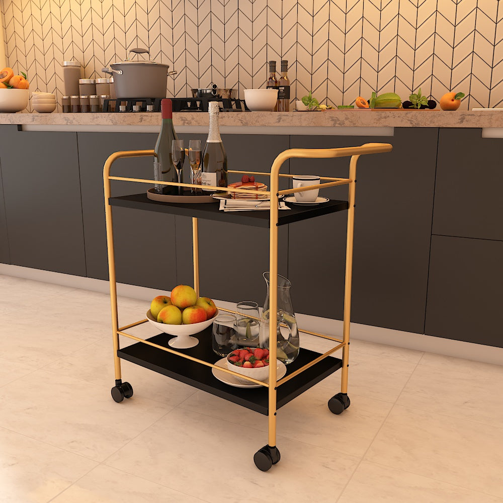 Premium Metal Kitchen Serving Trolley with Wheels (Black & Gold)
