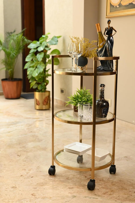 DECOWORLD| Circular Kitchen Serving Trolley with Wheels & Glass Shelfs