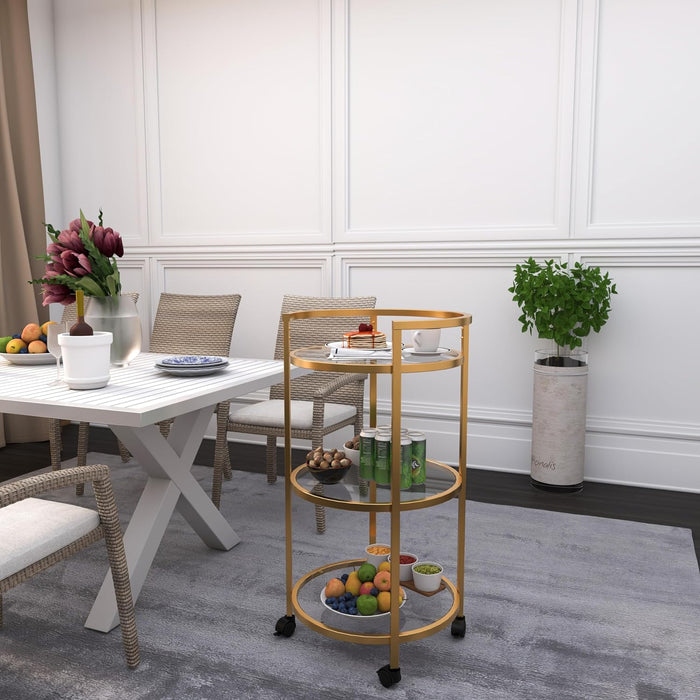 DECOWORLD| Circular Kitchen Serving Trolley with Wheels & Glass Shelfs