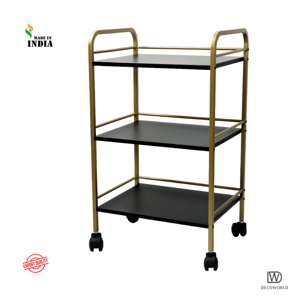 3 Tier Premium Metal Rolling Trolley Cart Stand with Wheels (Black & Gold)