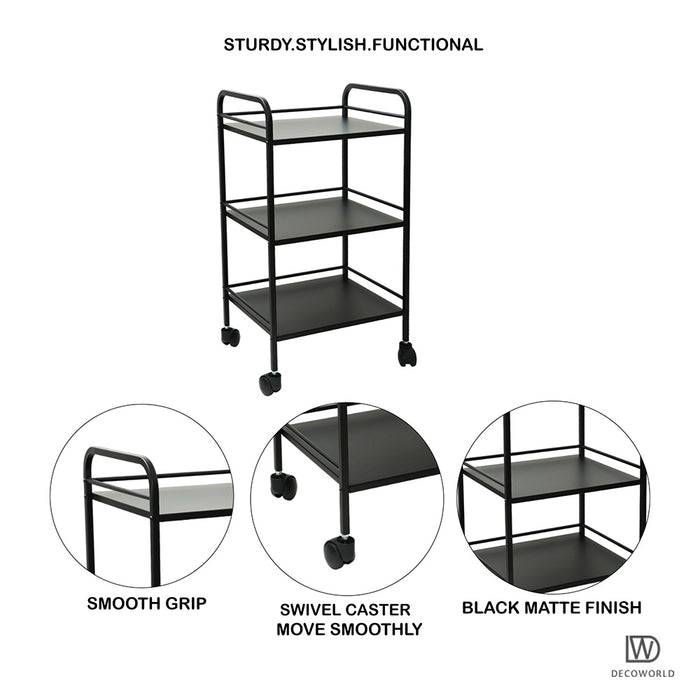 3 Tier Premium Metal Rolling Trolley Cart Stand with Wheels (Black)