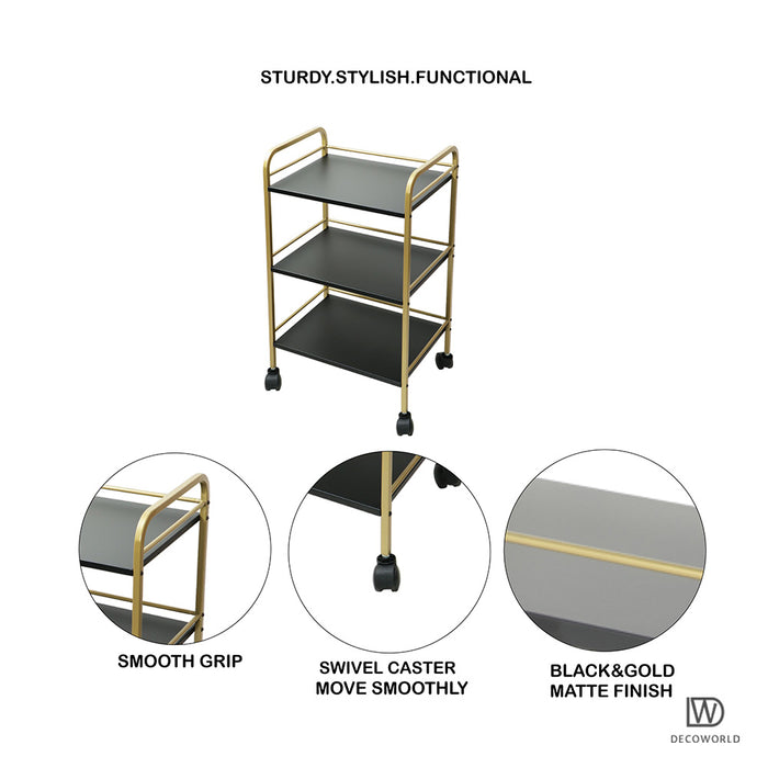 3 Tier Premium Metal serving Trolley Stand with Wheels (Black & Gold)