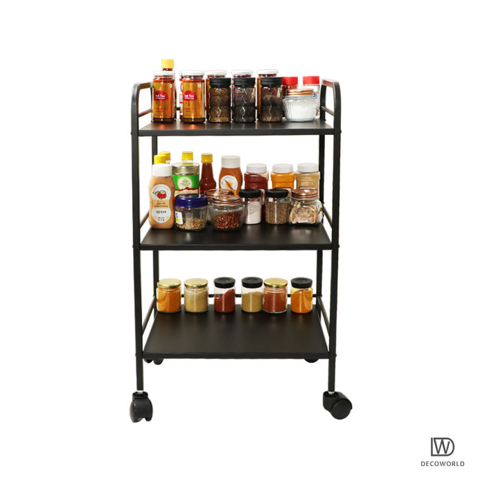 3 Tier Premium Metal Rolling Trolley Cart Stand with Wheels (Black)