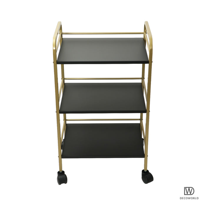 3 Tier Premium Metal Rolling Trolley Cart Stand with Wheels (Black & Gold)