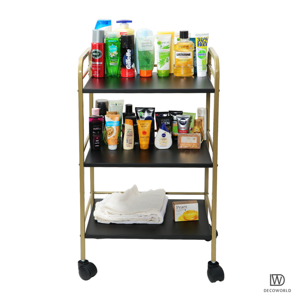 3 Tier Premium Metal Rolling Trolley Cart Stand with Wheels (Black & Gold)