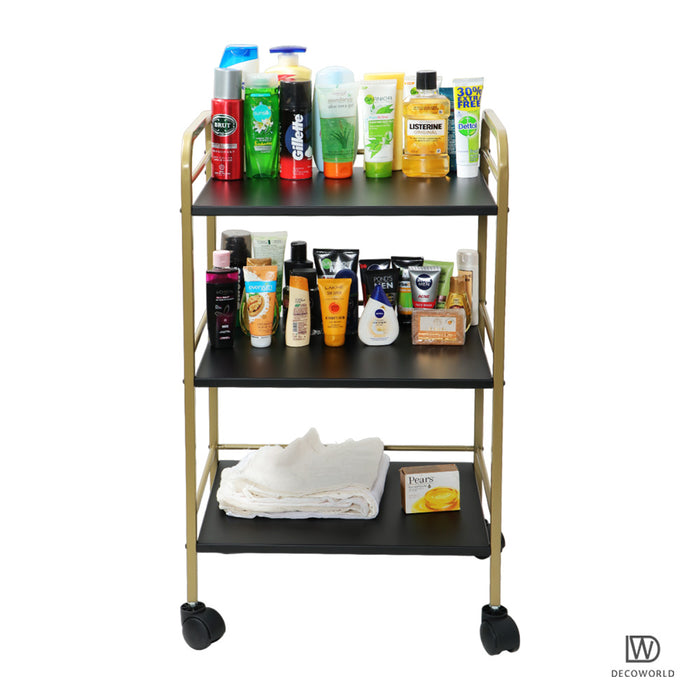 3 Tier Premium Metal serving Trolley Stand with Wheels (Black & Gold)