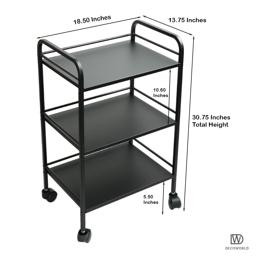 3 Tier Premium Metal Rolling Trolley Cart Stand with Wheels (Black)