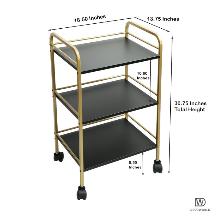 3 Tier Premium Metal serving Trolley Stand with Wheels (Black & Gold)