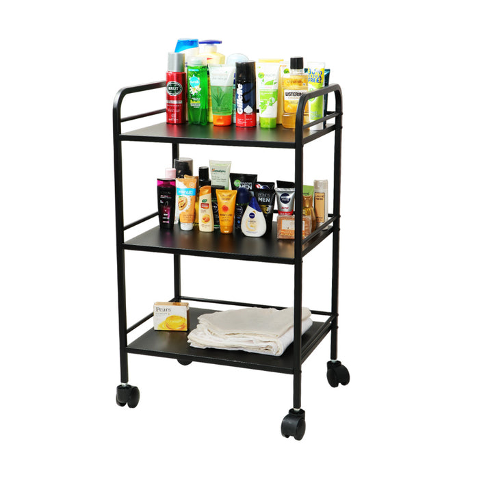 3 Tier Premium Metal Rolling Trolley Cart Stand with Wheels (Black)