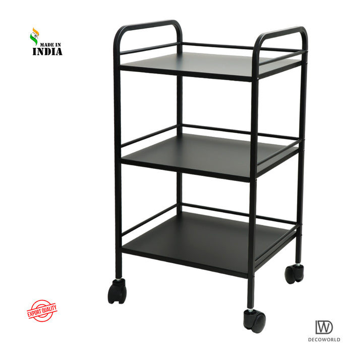 3 Tier Premium Metal Rolling Trolley Cart Stand with Wheels (Black)