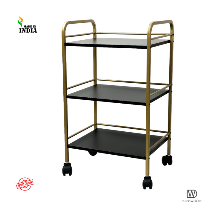 3 Tier Premium Metal serving Trolley Stand with Wheels (Black & Gold)