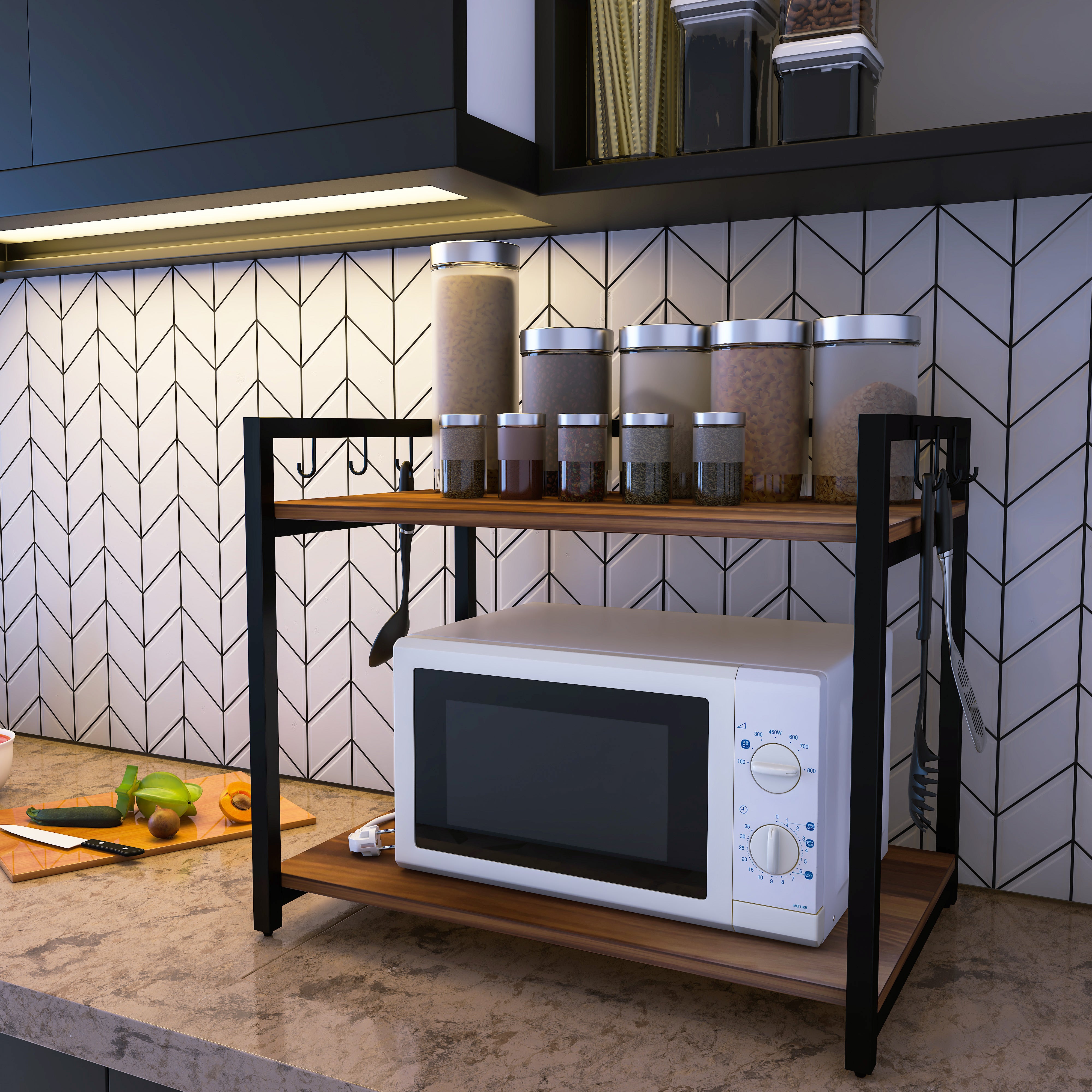 Microwave Stand - Double Platform  (Black with Honey Brown)