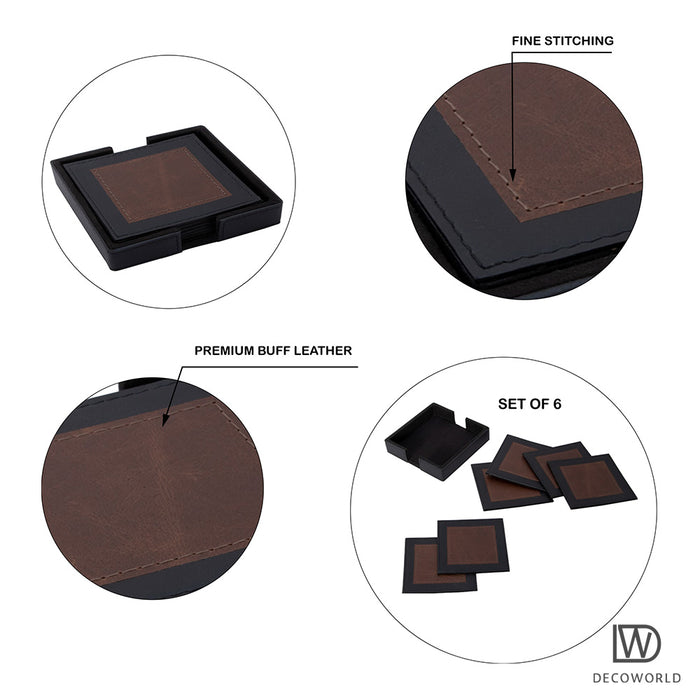 Leather Tea Coasters || Set of 6  (Brown and Black)