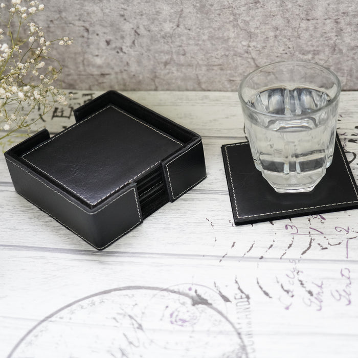 Leather Tea Coasters || Set of 6 (Black)