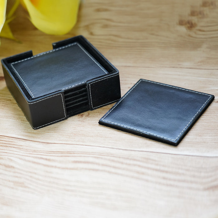 Leather Tea Coasters || Set of 6 (Black)