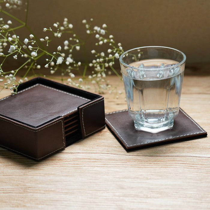 Leather Tea Coasters || Set of 6 (Brown)