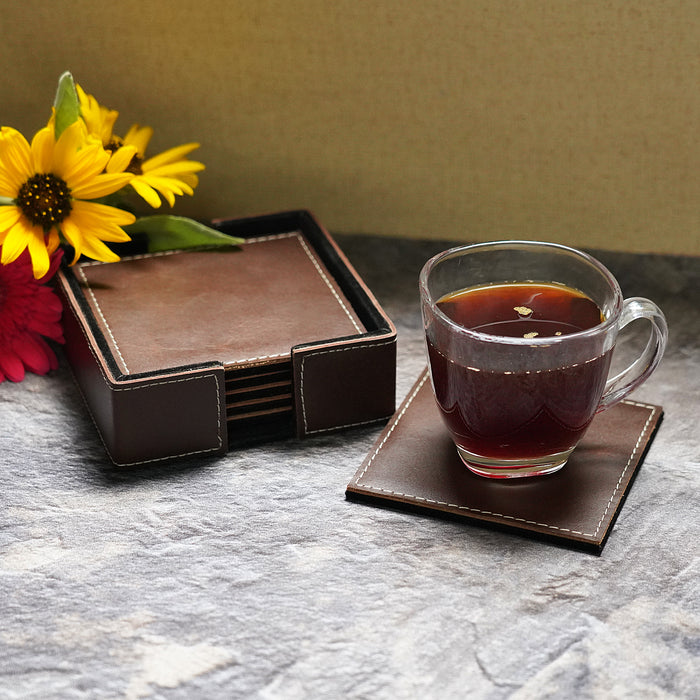 Leather Tea Coasters || Set of 6 (Brown)